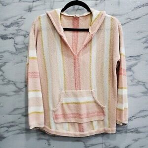 Hem Thread Womens Hoodie Sweater Poncho M Pink Cream Stripe Soft Knit Pullover